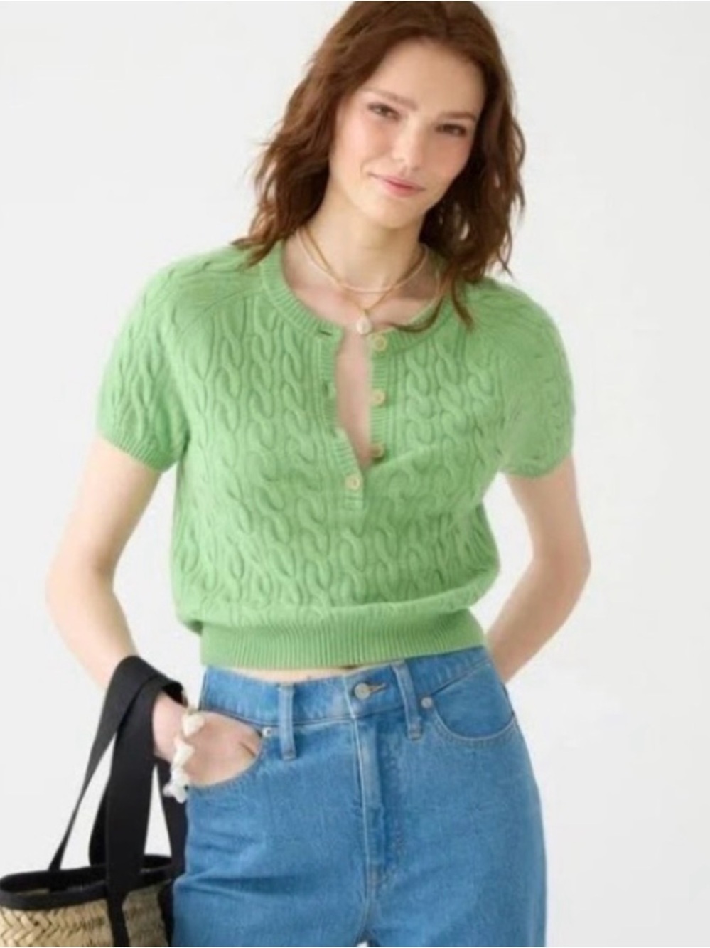 J. Crew 100% Cashmere Cable-Knit Henley Sweater Luxe Green L soft girl mob wife